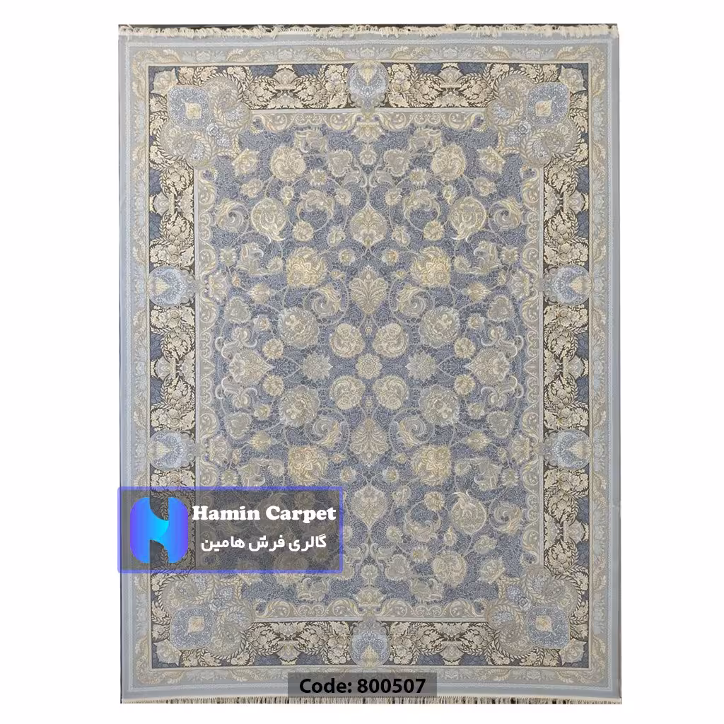 فرش 9 متری 700شانه تراکم 2550 نخ آکلریک رنگ زمینه نقره ای طلاکوب کد AR800507