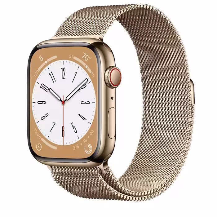 دستگاه اپل واچ سری 8 استیل سلولار طلایی با بند میلانس لوپ
