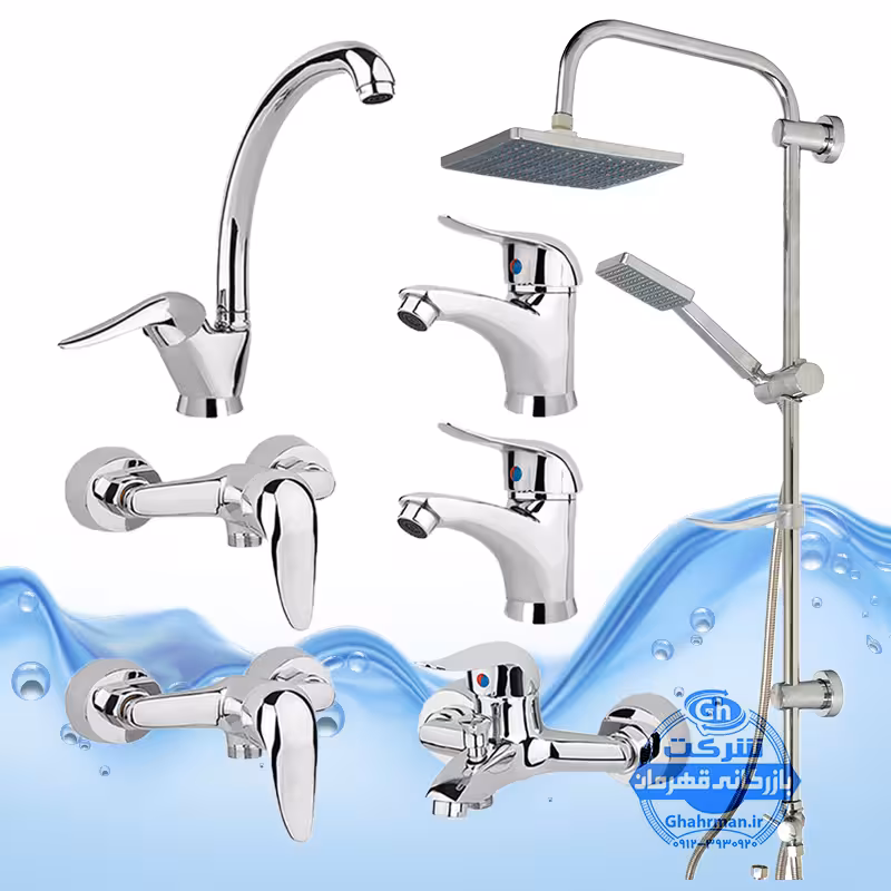ست 7 عددی شیرآلات برند آیدا صنعت مدل قهرمان | شیر ظرفشویی   2 عدد روشویی   حمام   2 عدد توالت   علم دوش رسوب‌گیر اتومات | کروم براق