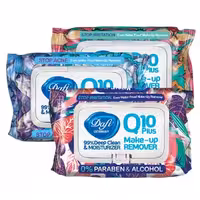 دستمال مرطوب پاک کننده آرایش 50 برگی Q10 گلدار درب دار دافی