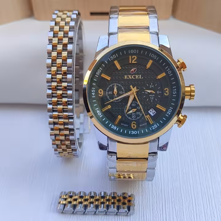 ست ساعت و دستبند و انگشتر مردانه طلایی نقره ای