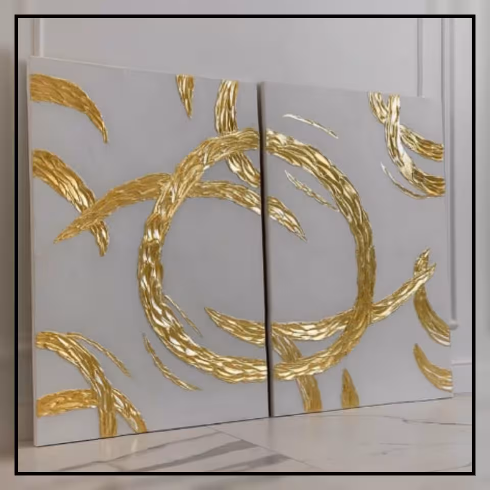 تابلو دکوراتیو دست ساز دو تکه رنگ اکریلیک ورق طلا ابعاد هر تکه 50 در 70