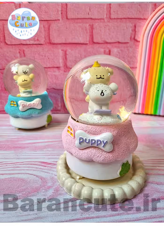 گوی موزیکال پمپی برفی چراغ دار سایز بزرگ طرح هاپو های بامزه صورتی