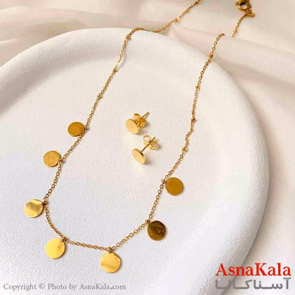 نیم ست زنانه شامل گردنبند و گوشواره استیل مدل دایره مدرن رنگ طلایی کد NIM14940W
