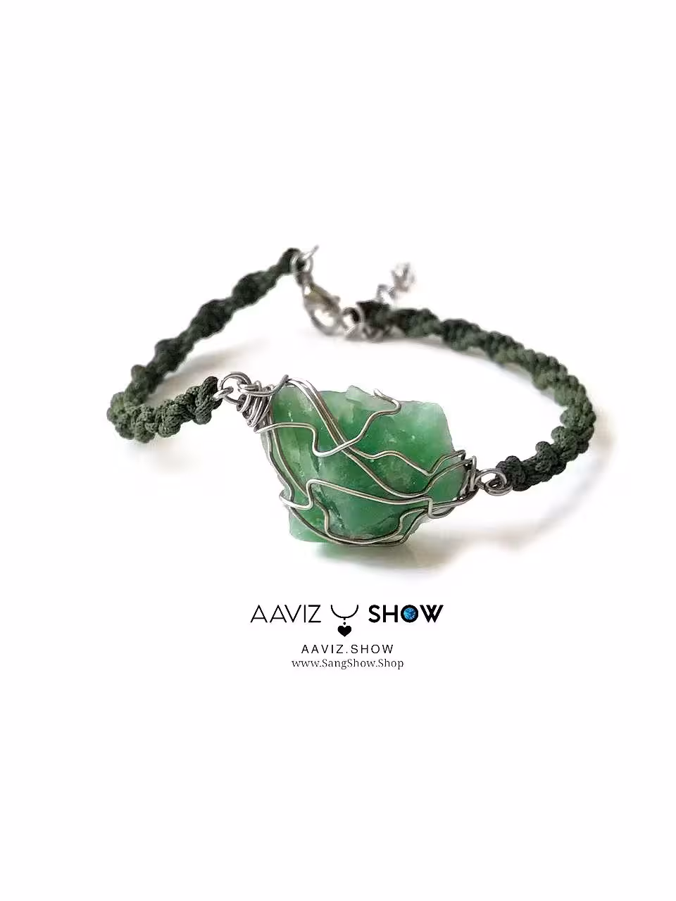 دستبند خوش شانسی سنگ اونتورین سبز نمونه راف با بافت مفتولی ویژه D111