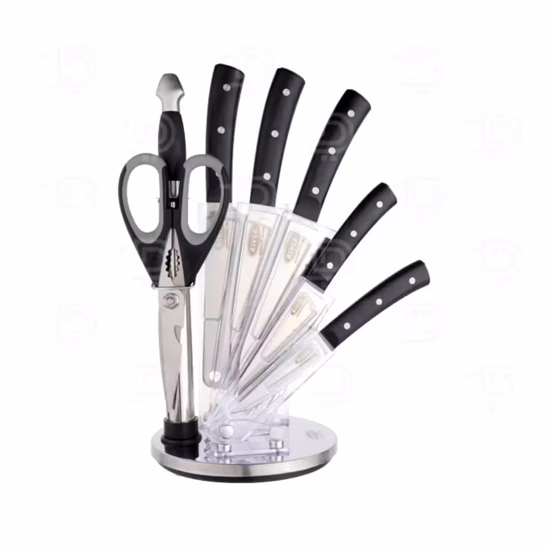 کارد و ساطور 8پارچه استیل دسته طوسی پایه سفید ریور کد 2236