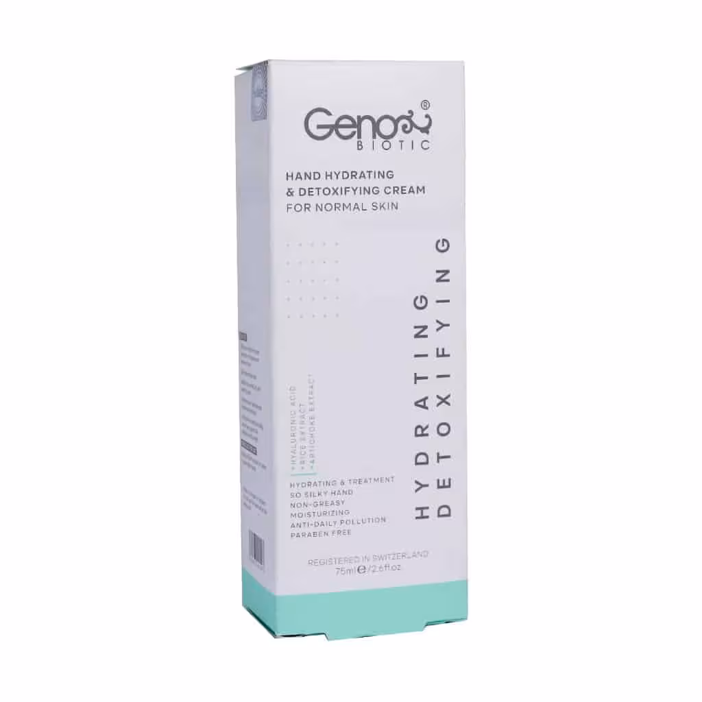 ژنوبایوتیک کرم رطوبت رسان و دتوکسیفای کننده دست پوست های نرمال و چرب و تعریقی Geno Biotic Detoxifying Hand Cream for Normal Skin 75m