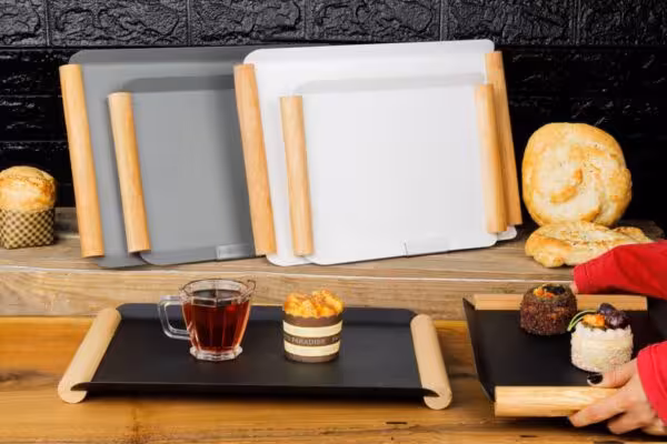 سینی فلزی دسته چوبی ست 2 عددی 3069 در 3 رنگ سفید- مشکی