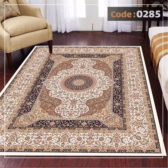 کاورفرش روفرشی دورکشدار گوشه لیفه ای کرم  قهوه ای کد 0285