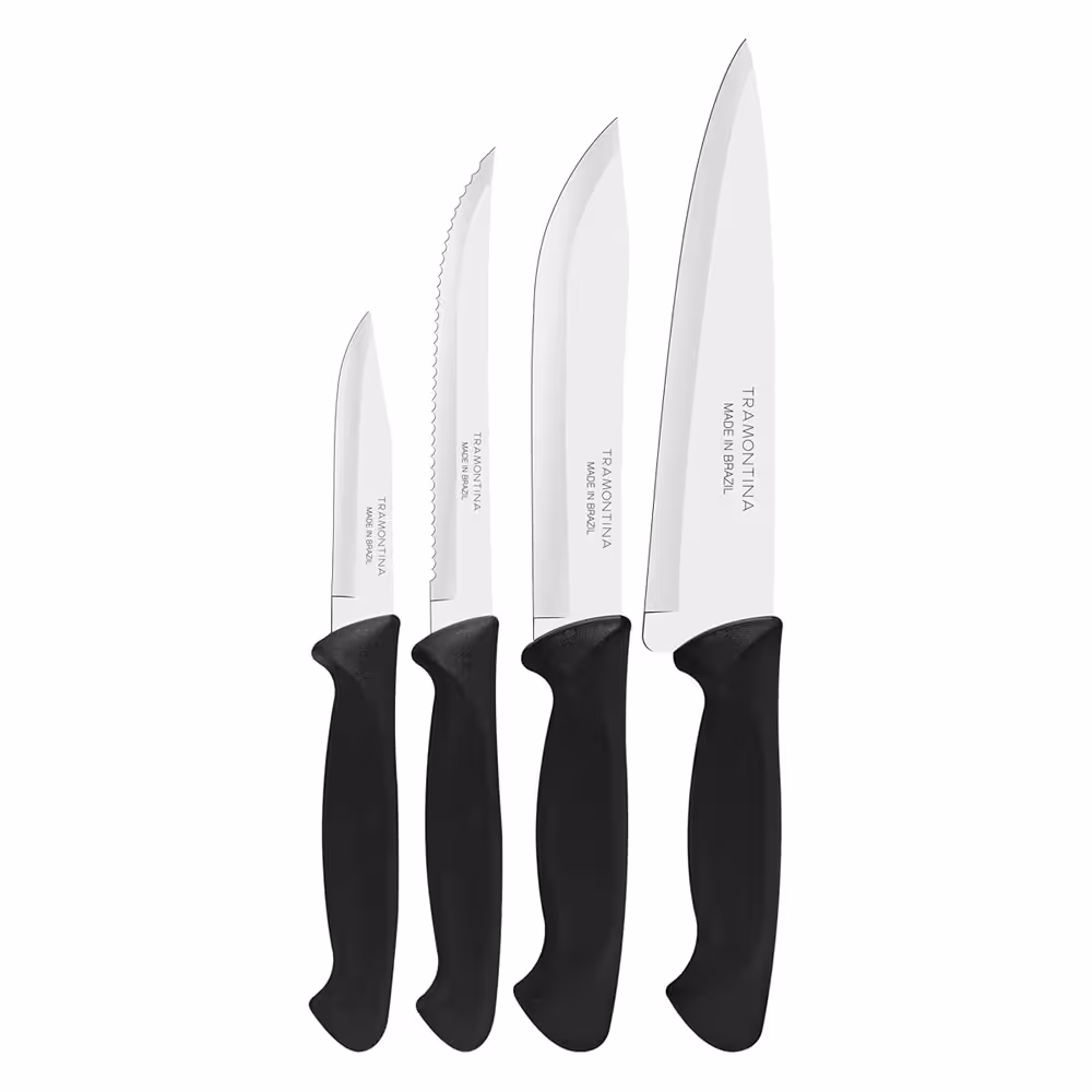 ست 4 عددی چاقو آشپزخانه ترامونتینا سری Plenus مدل 23099047Tramontina Plenus 4-Piece Kitchen Knife Set with Stainless Steel Blades and Black Polypropylene Handles