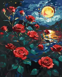 تابلو نقاشی با اعداد طرح شب پرستاره و رزهای قرمز