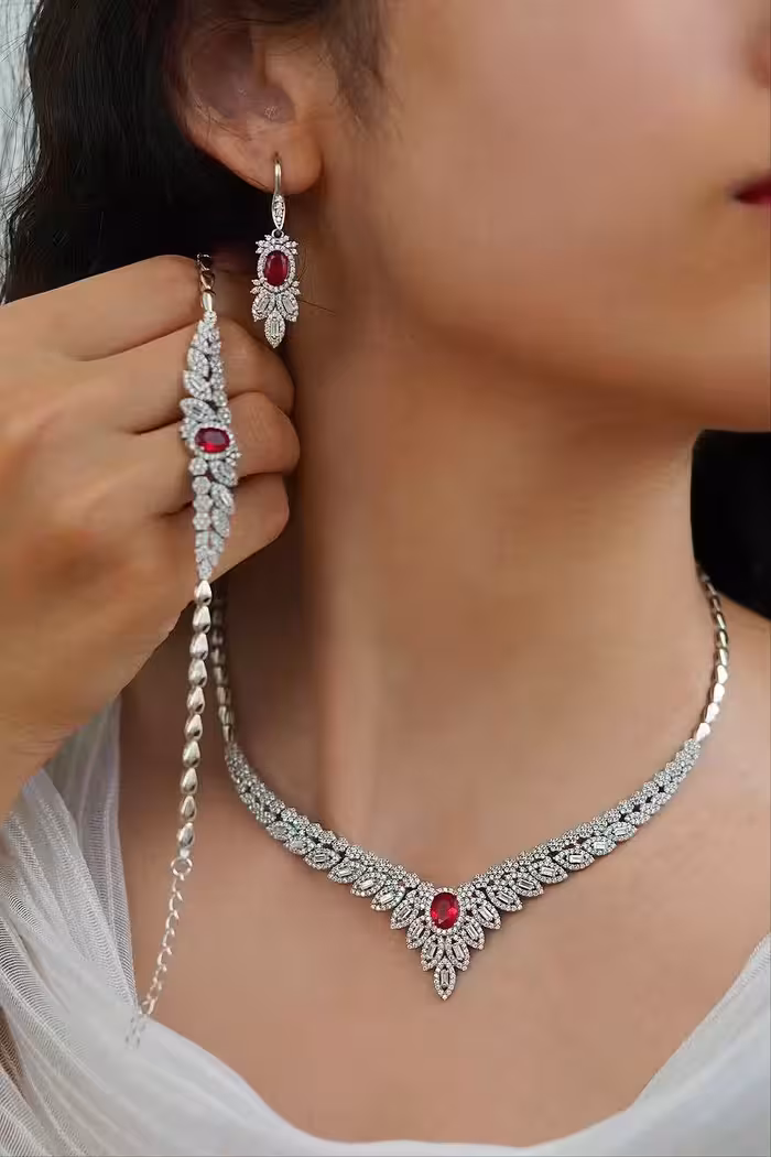 سرویس مجلل یاقوت سرخ نقره جواهری زنانه کد 60517