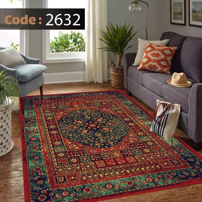 کاورفرش روفرشی دورکشدار گوشه لیفه ای لاکی ، آبی و متنوع کد 2632