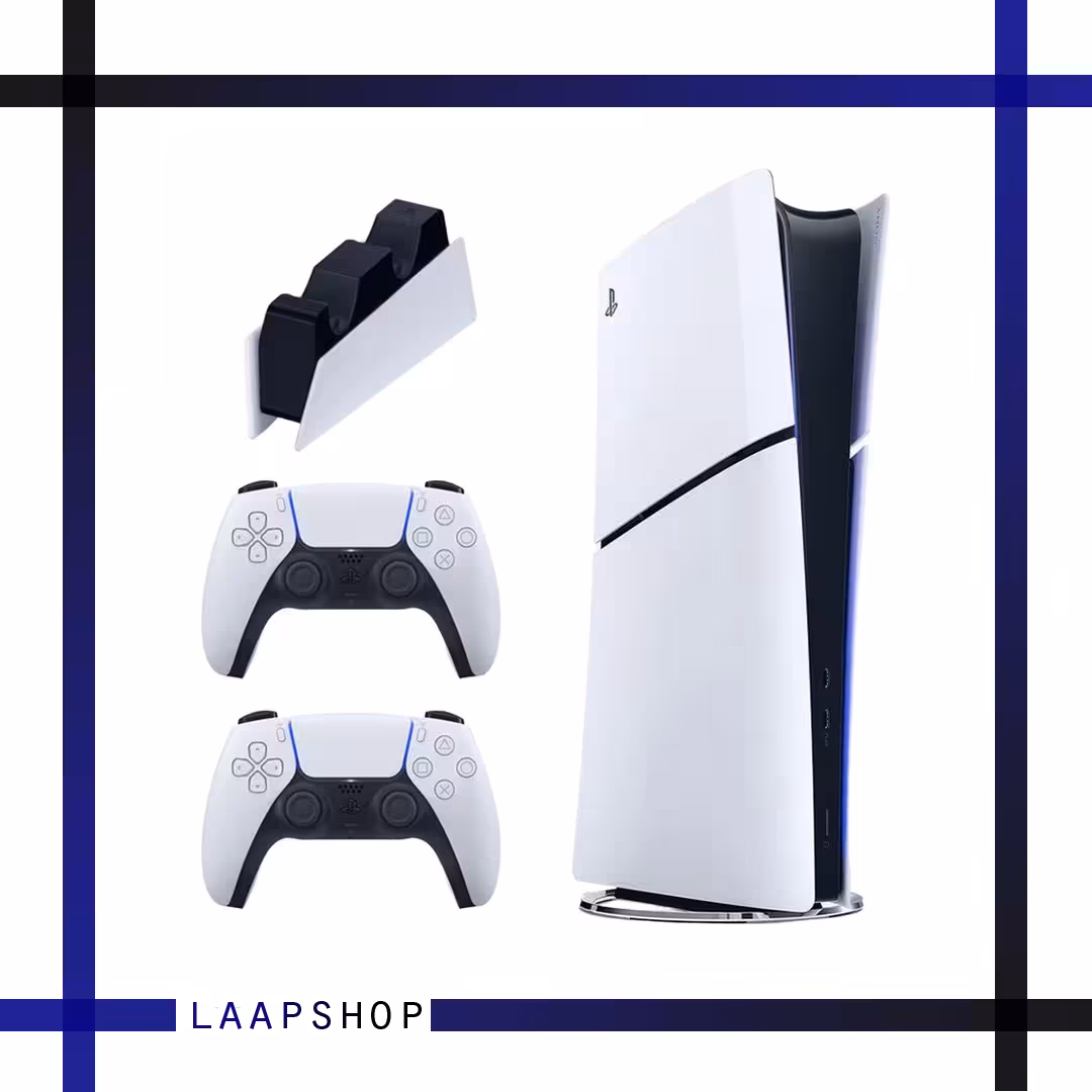 کنسول بازی سونی مدل PlayStation 5 Slim Digital Edition ظرفیت 1 ترابایت ریجن 2016B اروپا به همراه دسته اضافی و پایه شارژر