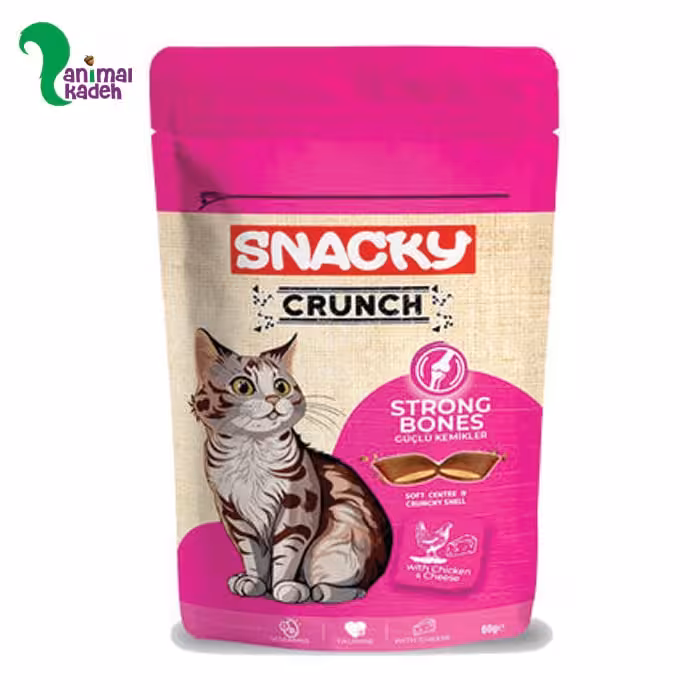 تشویقی گربه اسنکی مخصوص استخوان مدل کرانچ بیسکوئیتی مغزدار طعم مرغ و پنیر 60 گرمی