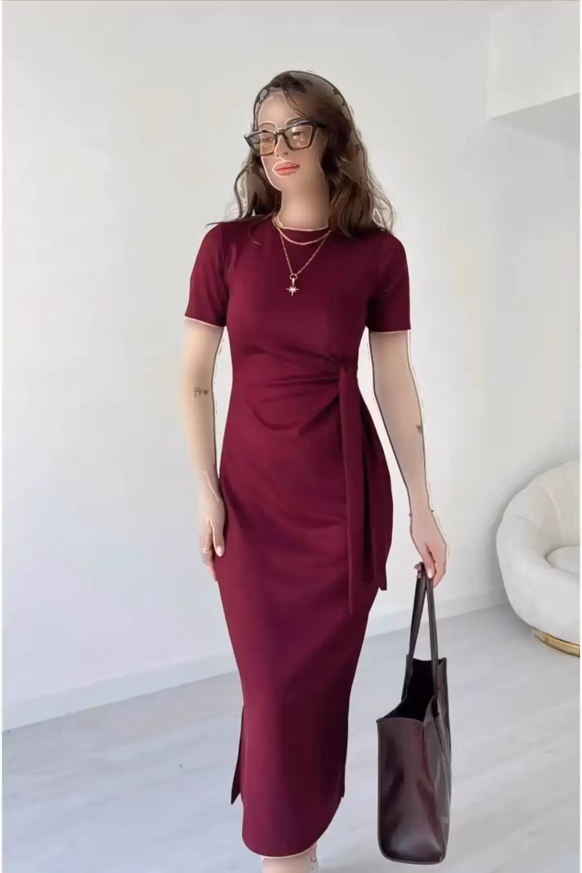 پیراهن زنانه борدو با جزئیات بستن از کناره - دکمه هیرای داچم - 10397