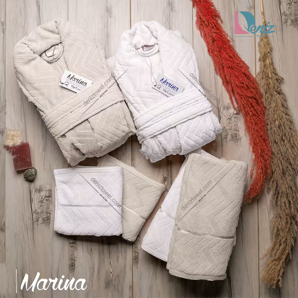 حوله ست دو نفره مارینا رنگ شیری و کرم