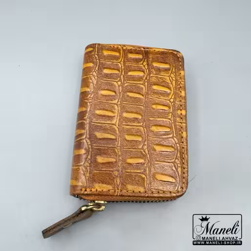کیف جاکارتی زیپی چرم رنگ عسلی طرح دار 14040602