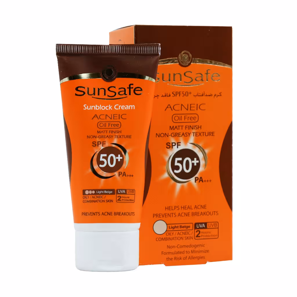 کرم ضد آفتاب SPF50 فاقد چربی رنگی رنگ بژ روشن سان سیف