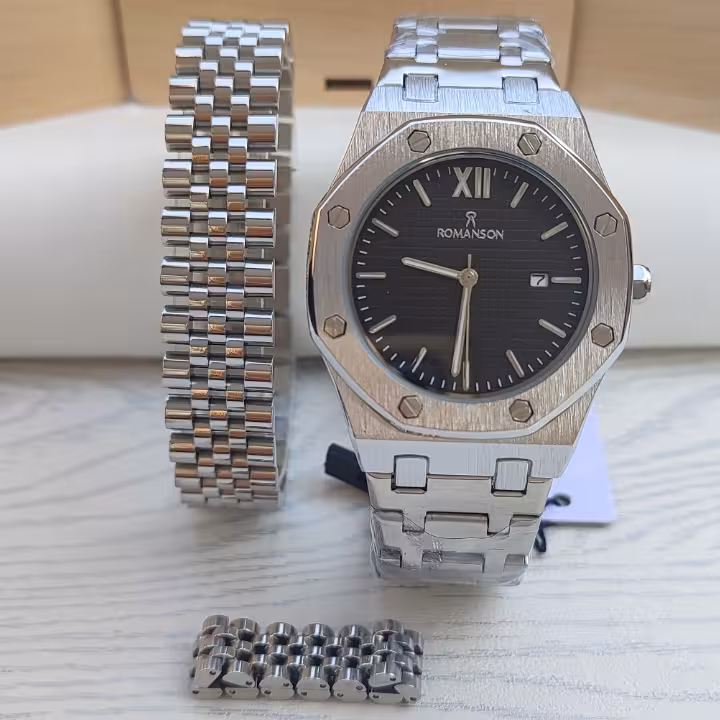 ست ساعت دستبند انگشتر نقره ای مردانه استیل