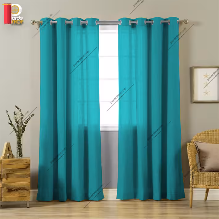 پرده پانچی کتان بافت‌دار آبی