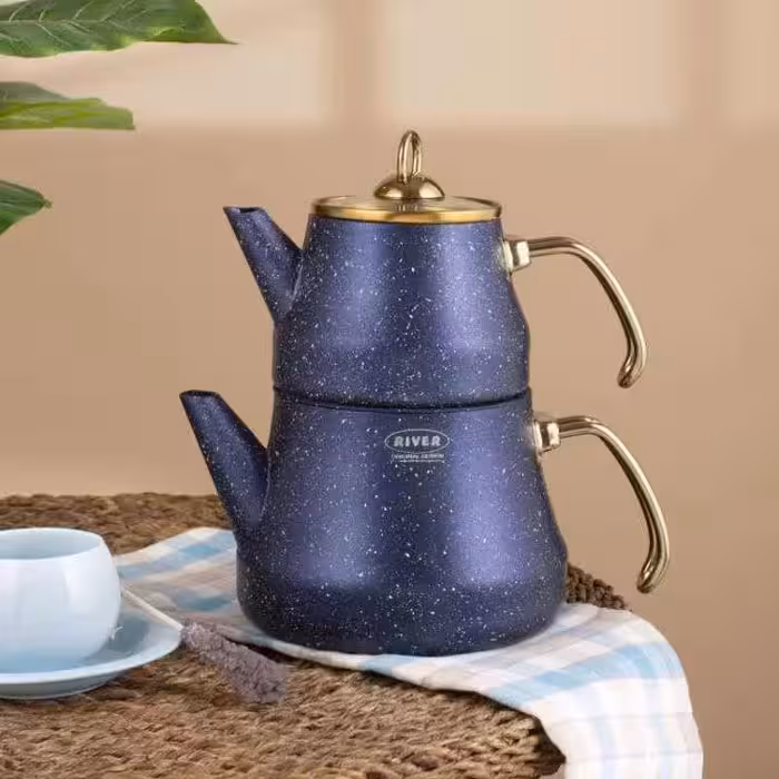 کتری قوری ترک دسته طلایی سورمه ای ریور کد 5837