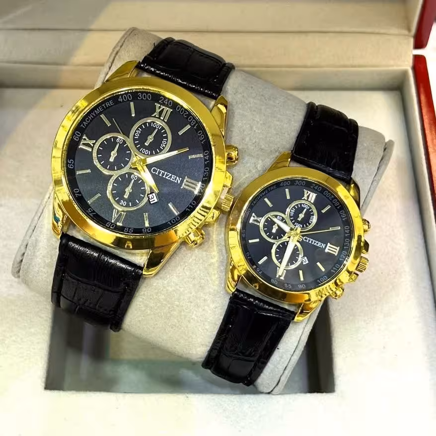 ست ساعت  زنانه و مردانه  رومانسون بندچرمی مشکی صفحه مشکی