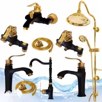 ست 9عددی شیرآلات اهرمی بامبو مشکی طلایی  با علم دوش طلایی شیپوری