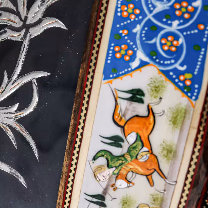 تابلو قلمزنی مسی طرح گل و مرغ مدل خاتم و نقاشی چوگان کد 92p72