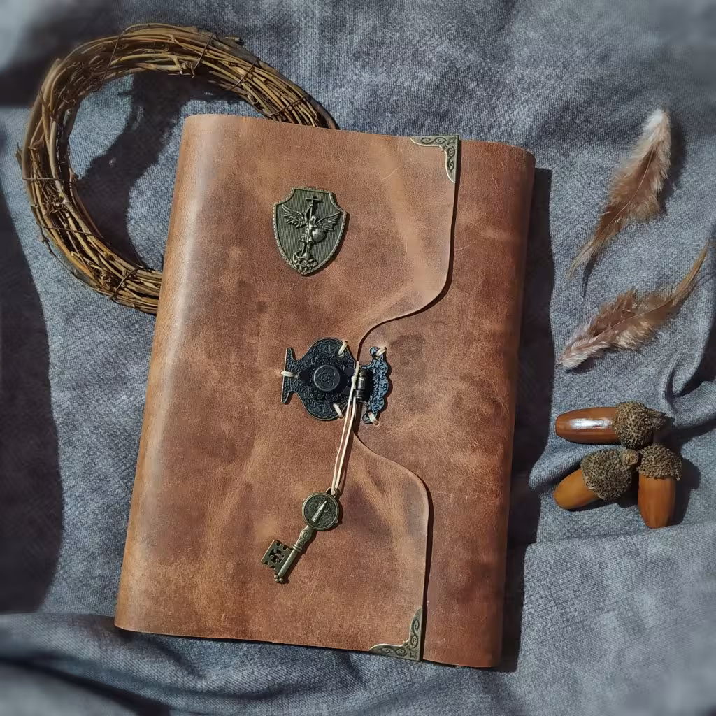 کلاسور چرمی ، چرم گاوی افکتی کریزی رنگ فندقی، ابعاد 25 در 18 سانت، به همراه صد برگ کاغذ نخودی رنگ خطدار ، و چندین جیب و جای کارت.