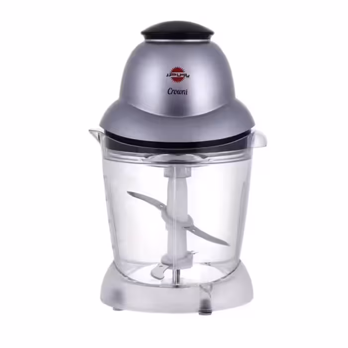 خردکن 2 تیغه 1 لیتری پارس خزر مدل Crowni، جنس بدنه پلاستیک و تیغه استیل ضد زنگ، به همراه دیسک خامه زن و کاردک، سیستم قفل ایمنی