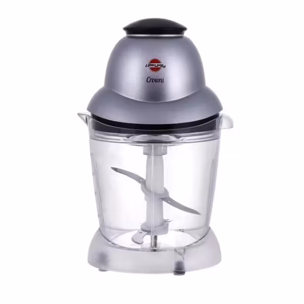 خردکن 2 تیغه 1 لیتری پارس خزر مدل Crowni، جنس بدنه پلاستیک و تیغه استیل ضد زنگ، به همراه دیسک خامه زن و کاردک، سیستم قفل ایمنی