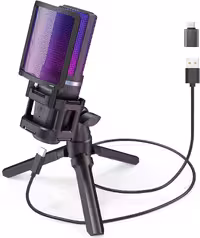 میکروفون یو اس بی zealsound، میکروفون بازی RGB برای PC Mac Phone، PS4&5، میکروفن خازنی Cardioid با آداپتور USB-C، بی‌صدا کردن سریع، پایه سه‌پایه، فیلتر پاپ برای...- تهران فوری