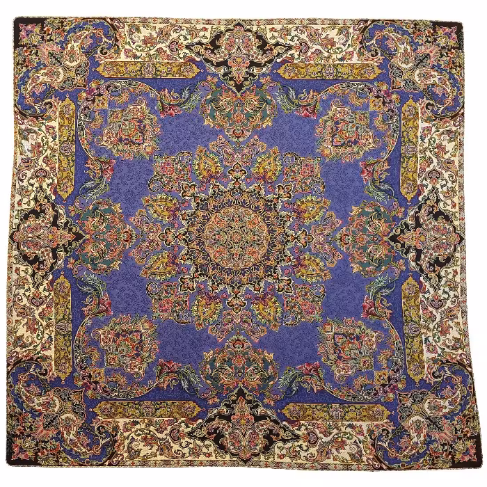 رومیزی مربع ترمه ابریشم کد TRM218 نفیس رنگ سرمه ای آستر سرمه ای لبه مغزی دوزی