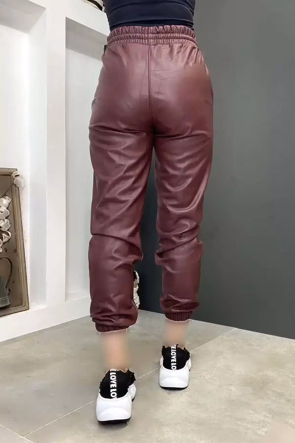 شلوار زنانه چرم کمری کشدار Claret Red High و Lace-up - 1179