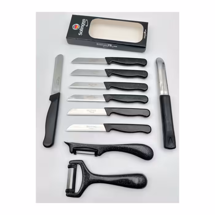 ست 10 عددی چاقوی میوه‌خوری، پوست‌کن و ابزار تزئین زولینگن | Solingen | مدل کلیور سیم‌دار | رنگ مشکی | تیغه استیل ضدزنگ | طراحی ارگونومیک | مناسب برای آشپزخانه و پذیرایی | ساخت آلمان