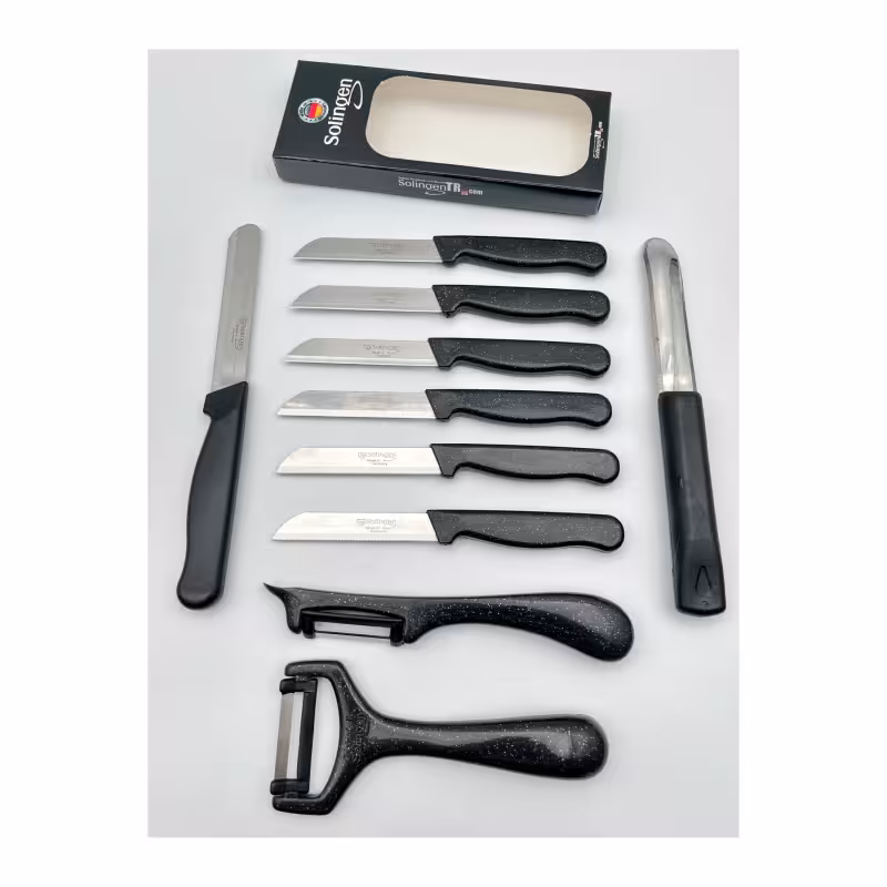 ست 10 عددی چاقوی میوه‌خوری، پوست‌کن و ابزار تزئین زولینگن | Solingen | مدل کلیور سیم‌دار | رنگ مشکی | تیغه استیل ضدزنگ | طراحی ارگونومیک | مناسب برای آشپزخانه و پذیرایی | ساخت آلمان