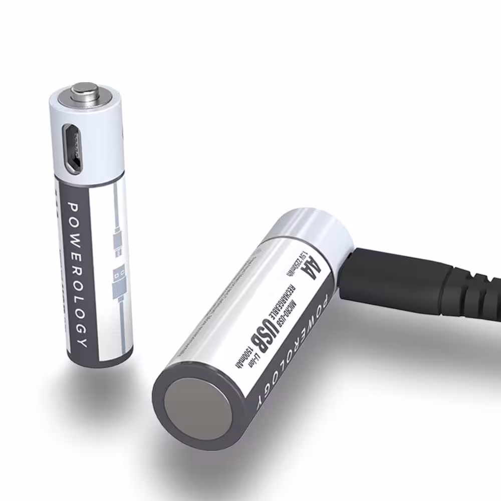 پک 4 تایی باتری قابل شارژ پاورولوجی مدل AA Lithium-ion همراه کابل