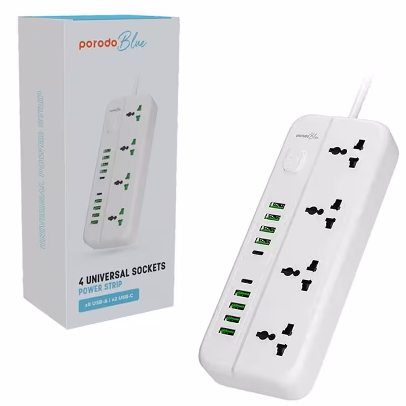 چندراهی برق کلیددار 4خروجی 2Type-C و 4USB با کابل3متری Porodo blue 4universal socket