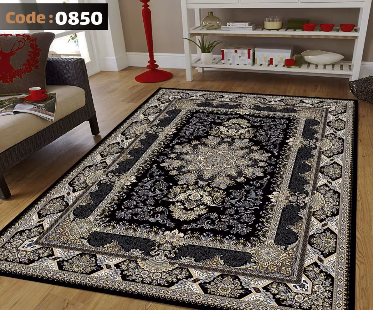 کاورفرش روفرشی دورکشدار گوشه لیفه ای لاکی ، آبی و متنوع کد 0850