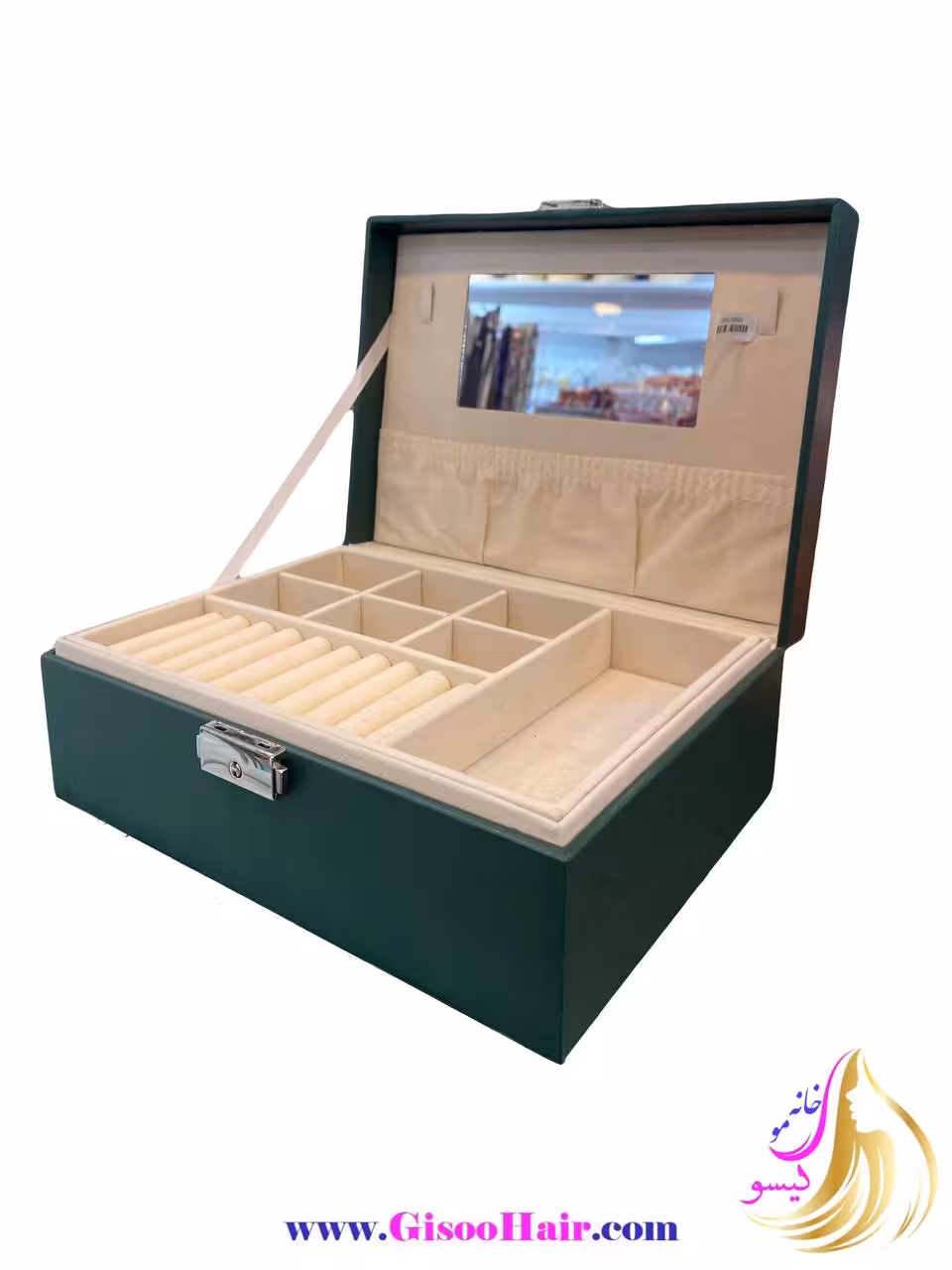 جعبه جواهرات چرمی آینه دار سبز