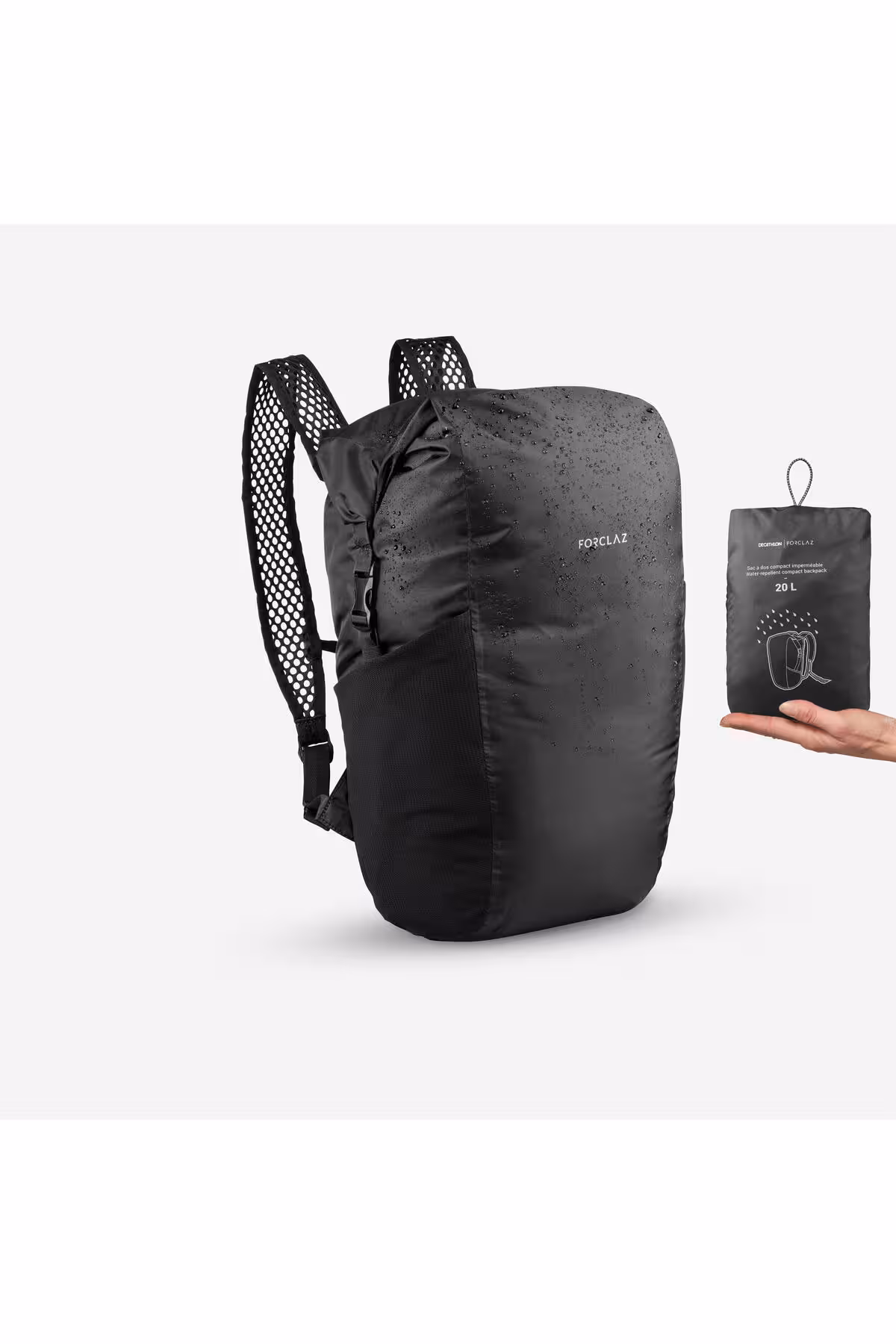 کوله پشتی مردانه و زنانه تاشو در فضای باز FORCLAZ 20 لیتر سیاه سفر Decathlon