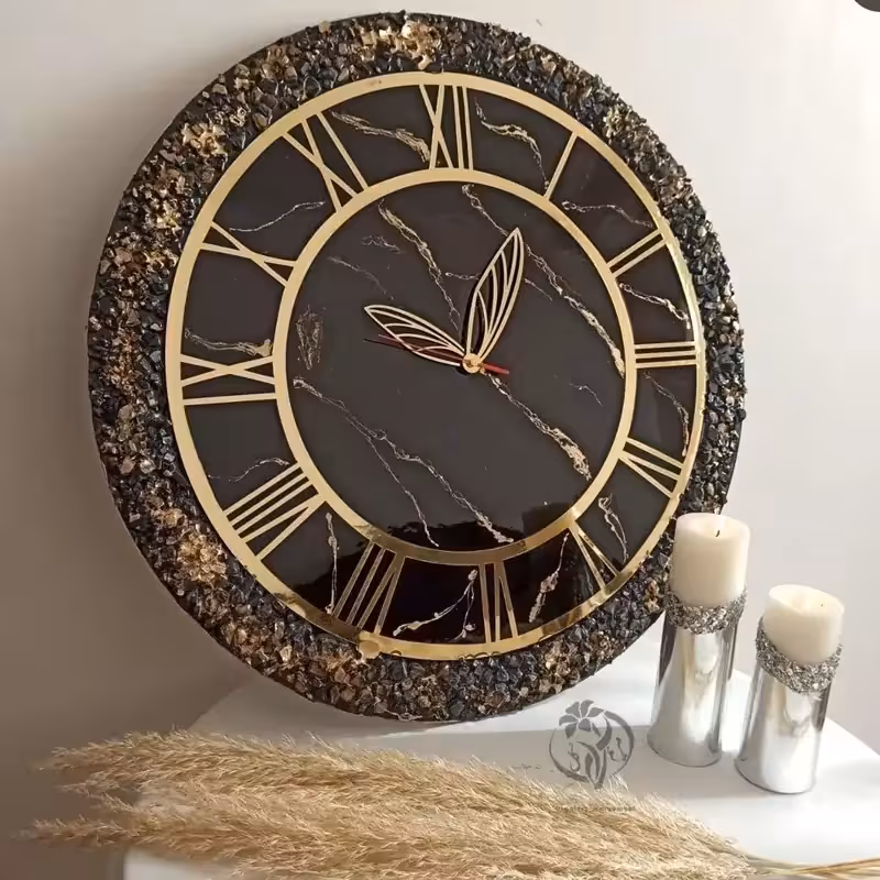 ساعت دیواری رزینی مشکی طرح مرمر قطر60