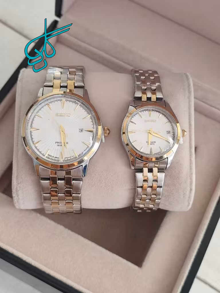 خرید ست ساعت زنانه و مردانه سیکو تقویم دار دوقفله مخفی کیفیت عالی رنگ ثابت کد 2117394 - ردگل