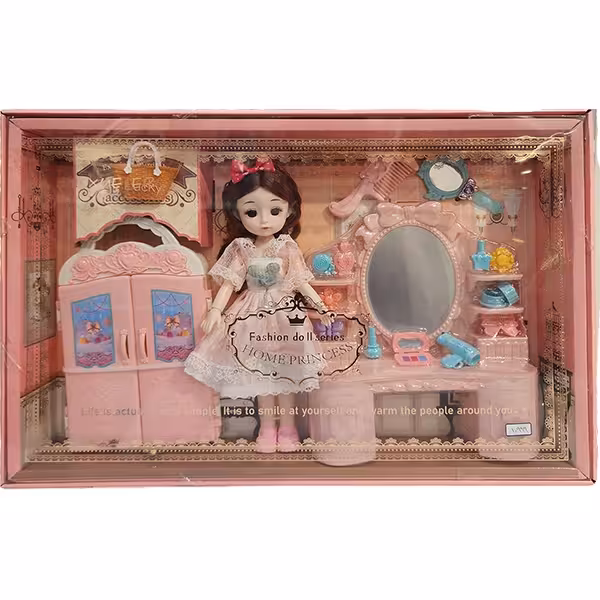 عروسک چشم تیله ای تمام مفصلی HOME PRINCESS با میز و لوازم آرایش و لباس صورتی مدل 8721