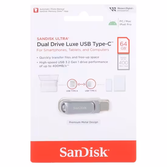 فلش مموری سن دیسک مدل Ultra Dual Drive Luxe USB3.2 ظرفیت 64 گیگابایت
