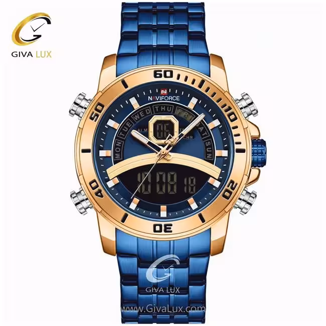 ساعت مچی مردانه بند فلزی دو زمانه آبی ناوی فورس مدل NF9181