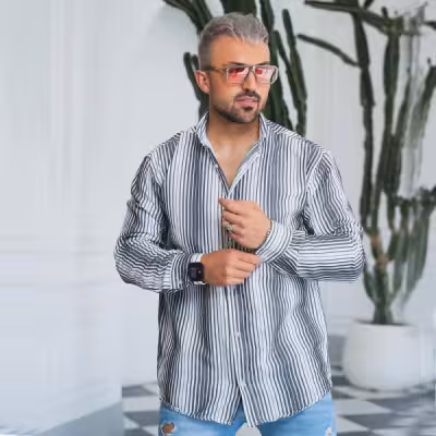 پیراهن کنفی آستین بلند راه راه سفید مشکی