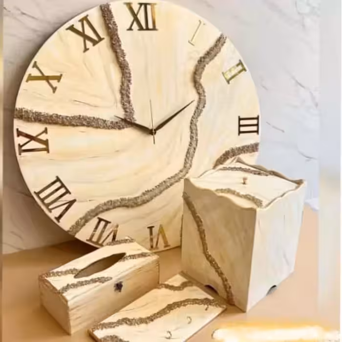 ست چوبی جهیزیه ساعت و دستمال و سطل و جاکلیدی چوبی رزینی