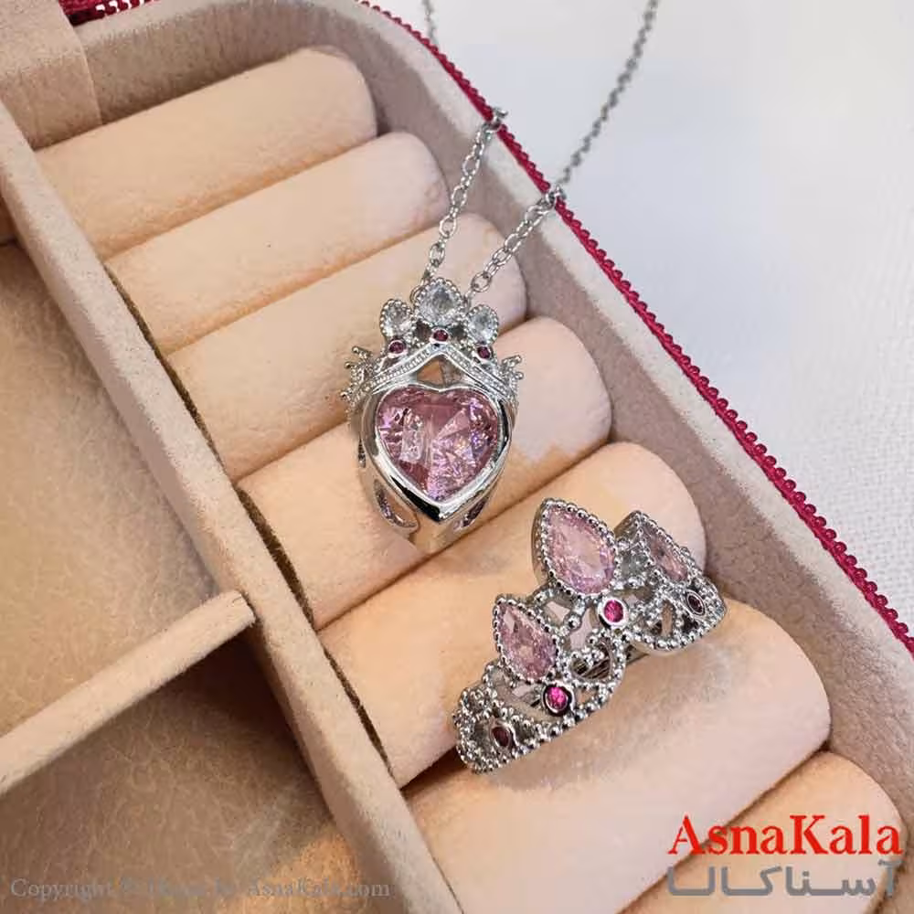 نیم ست زنانه شامل گردنبند و انگشتر استیل مدل راپونزل صورتی کد NIM14615W